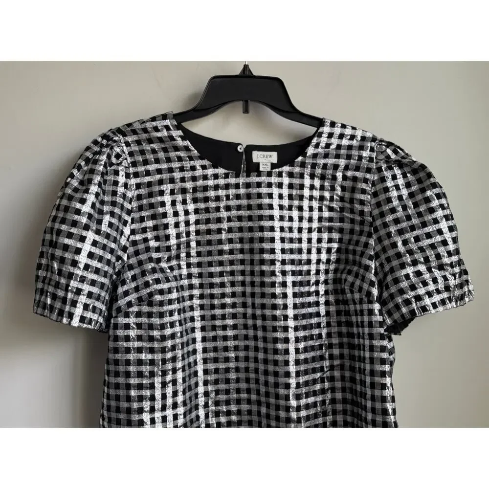 J. Crew Metallic Gingham Puff-Sleeve Blouse Top Black White Womens Size XXL NWT